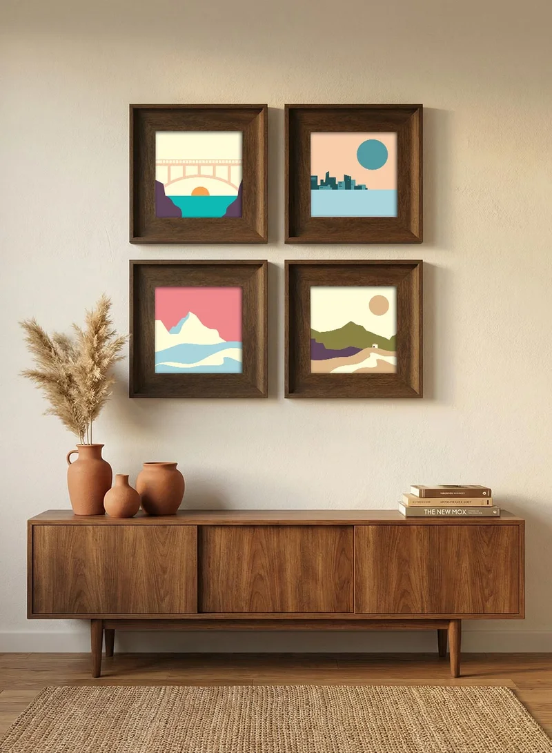 LOWHA Set of 4 Canvas Wall Art Stretched Over Wooden Frame with Vintage Brown Floating Frame and Simple Scenery Design